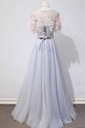 Gray tulle lace long prom dress, gray lace evening dress