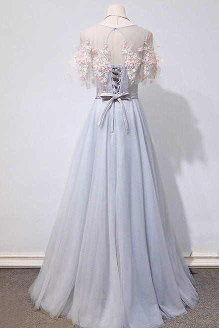 Gray tulle lace long prom dress, gray lace evening dress