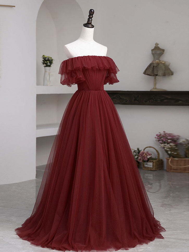 Simple A line burgundy tulle long prom dress, burgundy tulle formal dress