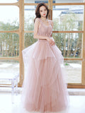 Pink tulle off shoulder long prom dress, pink tulle formal dress