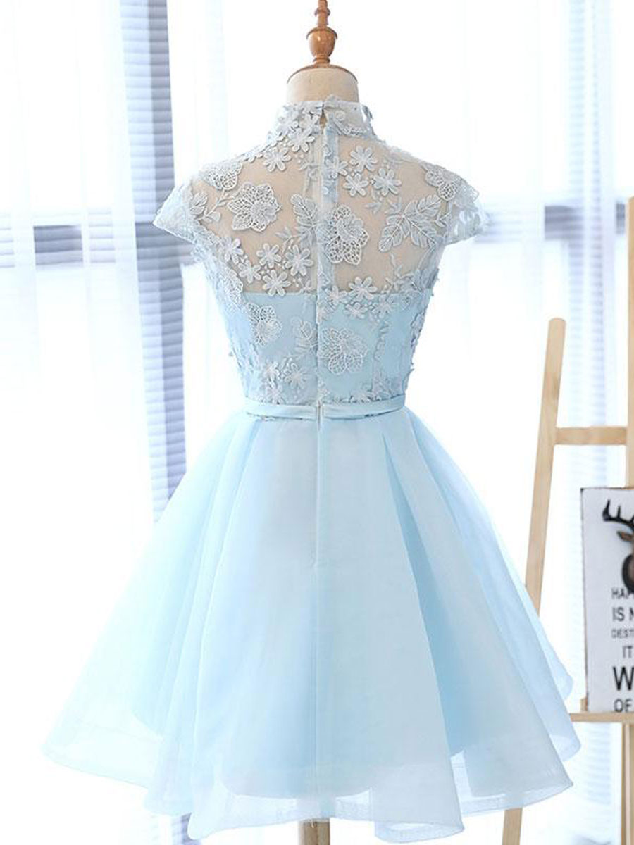 Blue high neck tulle lace short prom dress blue cocktail dress