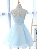 Blue high neck tulle lace short prom dress blue cocktail dress