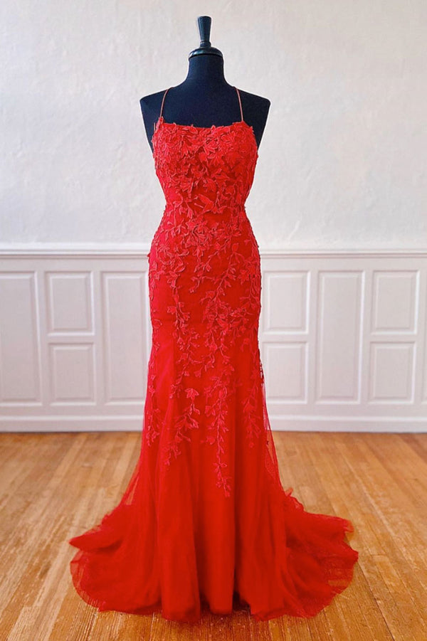 Red lace mermaid long prom dress lace mermaid evening dress