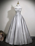 A-Line Off Shoulder Satin Gray Long Prom Dress, Gray Long Formal Dress