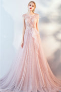 Pink tulle lace long prom dress, pink evening dress