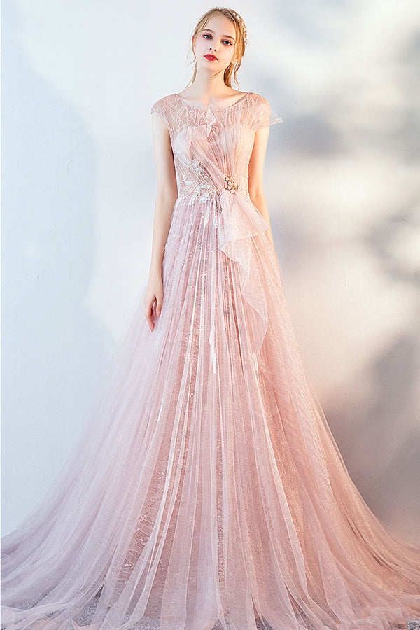 Pink tulle lace long prom dress, pink evening dress
