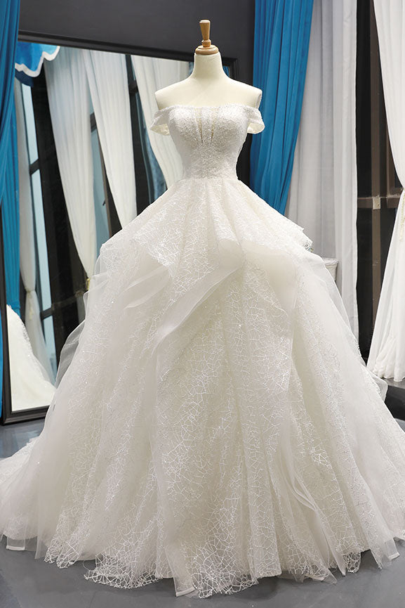 White tulle lace off shoulder long prom dress white lace wedding dress