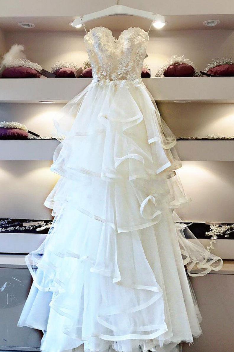 White sweetheart tulle lace long prom dress, white evening dress