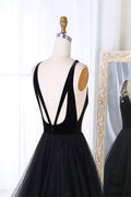 Simple black tulle v neck long prom dress, black evening dress