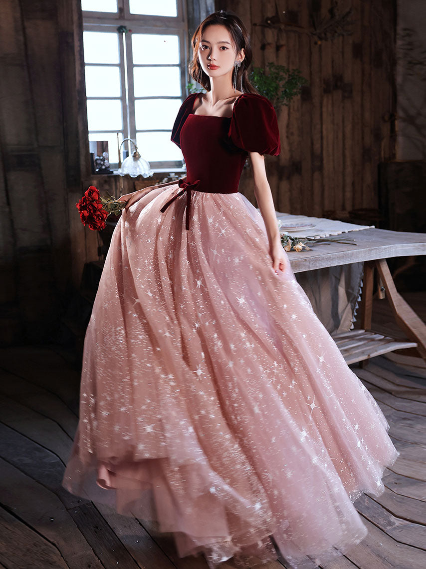 Pink A line tulle long prom dress, pink tulle long evening dress