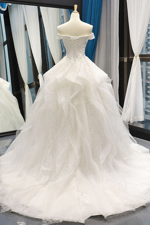 White tulle lace off shoulder long prom dress white lace wedding dress