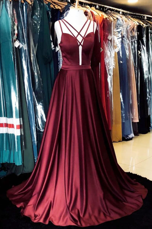 Simple burgundy satin long prom dress, burgundy evening dress