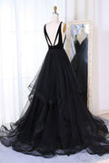 Simple black tulle v neck long prom dress, black evening dress