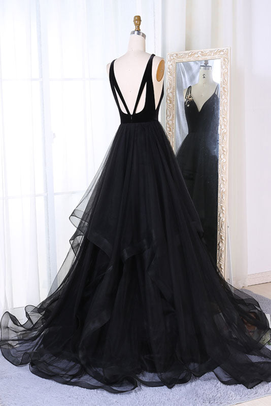 Simple black tulle v neck long prom dress, black evening dress