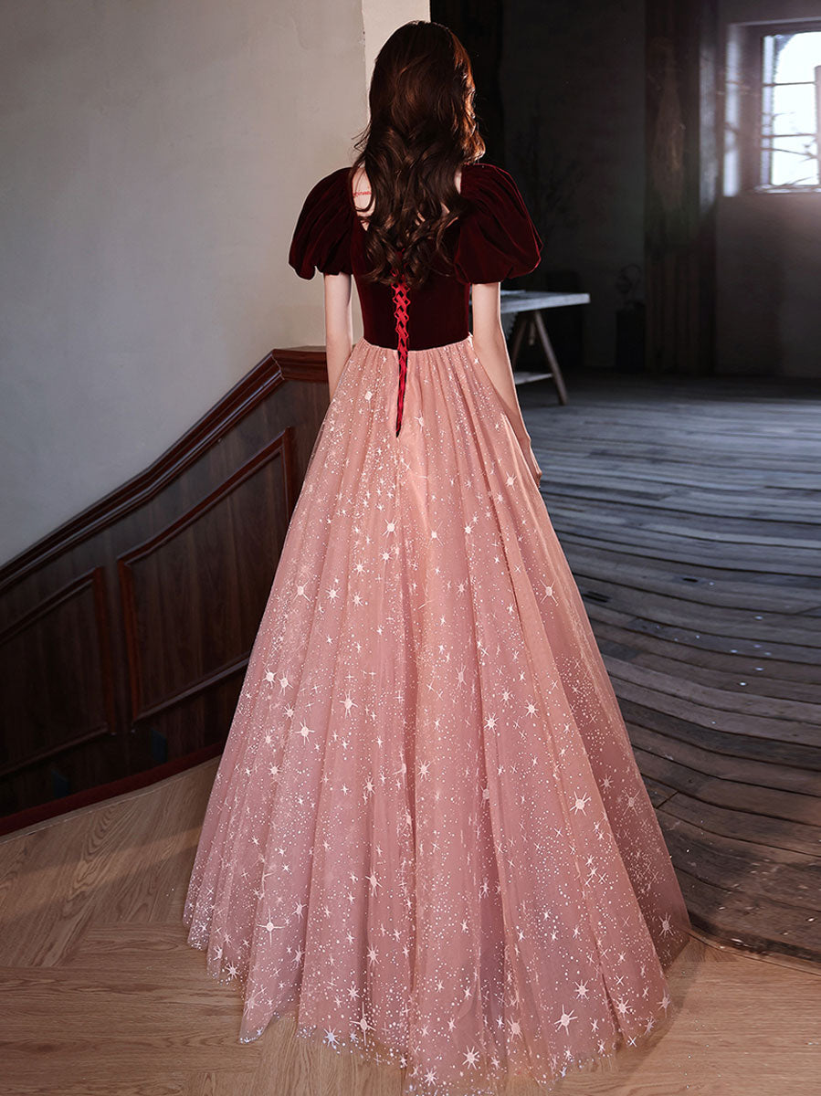 Pink A line tulle long prom dress, pink tulle long evening dress