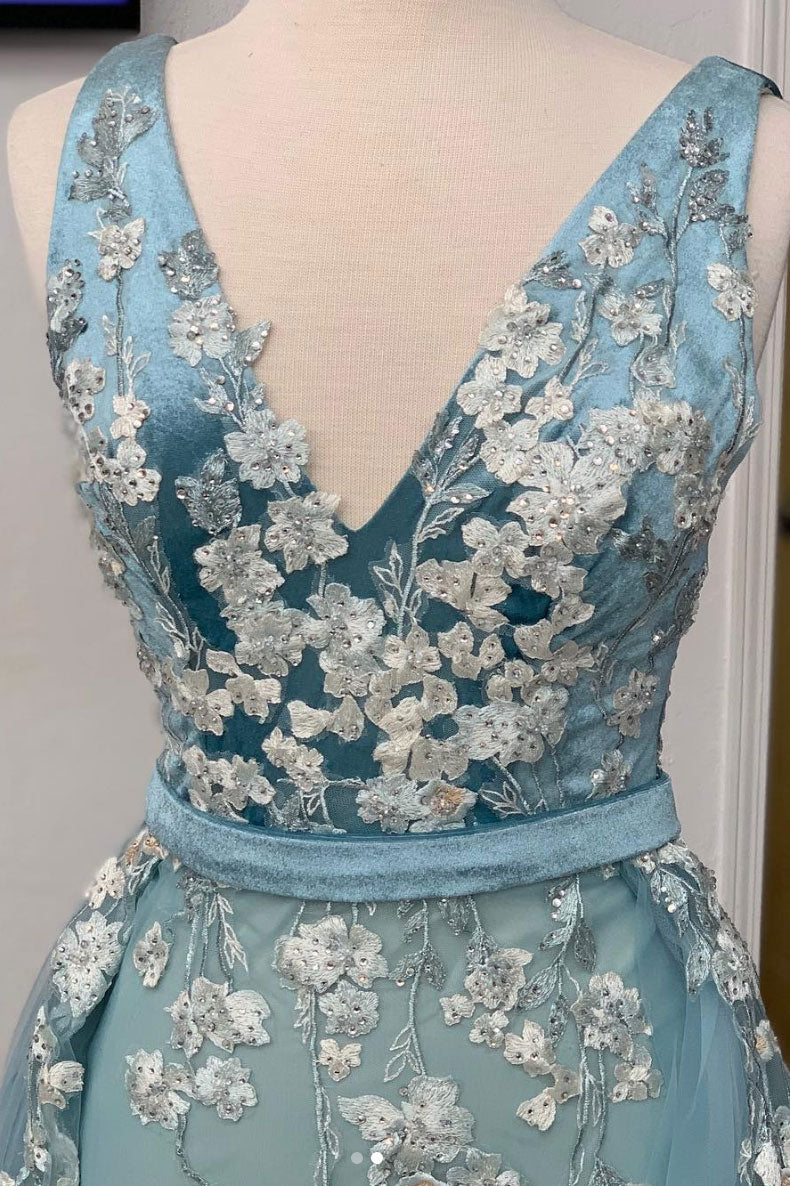 Unique v neck tulle lace long prom dress, tulle lace evening dress