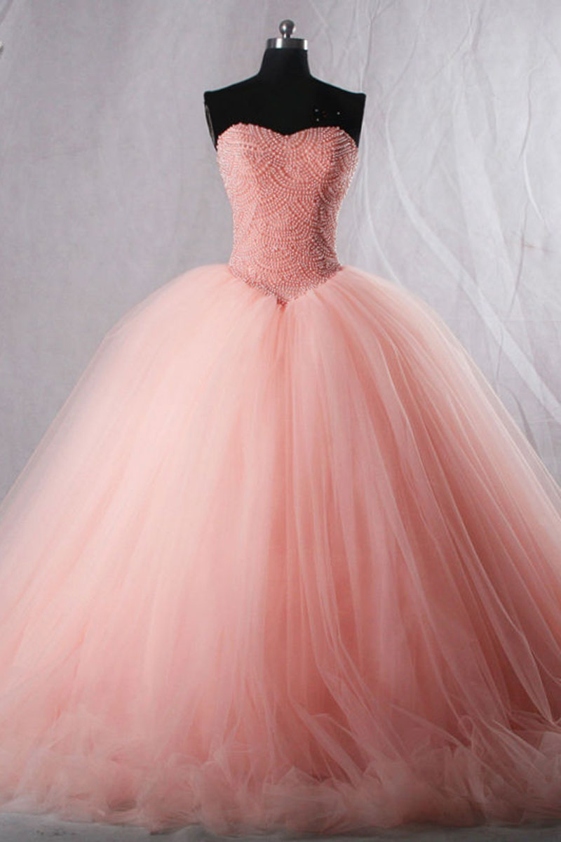 Pink sweetheart neck tulle beads long prom dress, pink evening dress