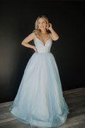 Blue v neck tulle sequin long prom dress blue tulle formal dress