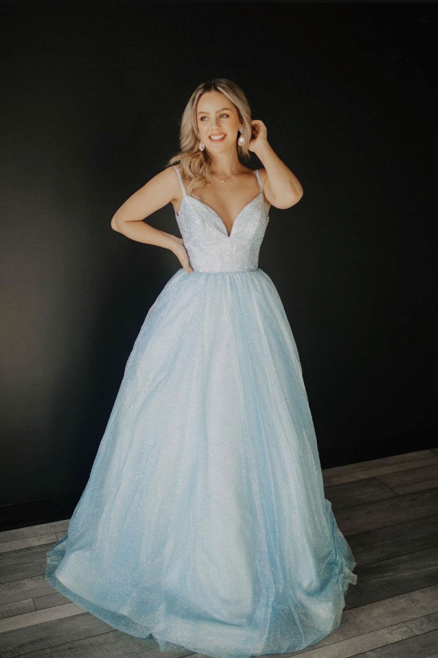 Blue v neck tulle sequin long prom dress blue tulle formal dress