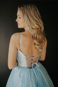 Blue v neck tulle sequin long prom dress blue tulle formal dress