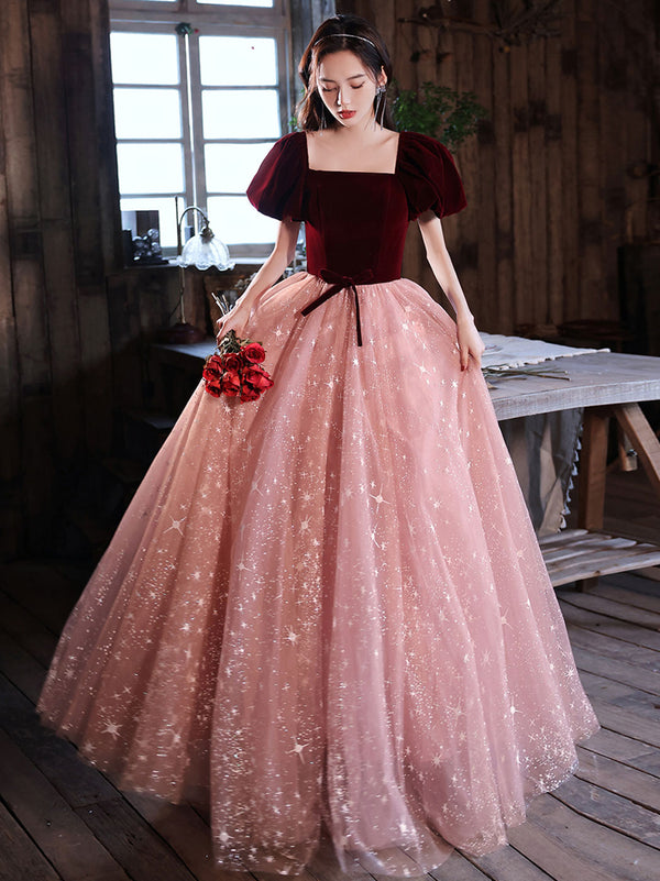 Pink A line tulle long prom dress, pink tulle long evening dress