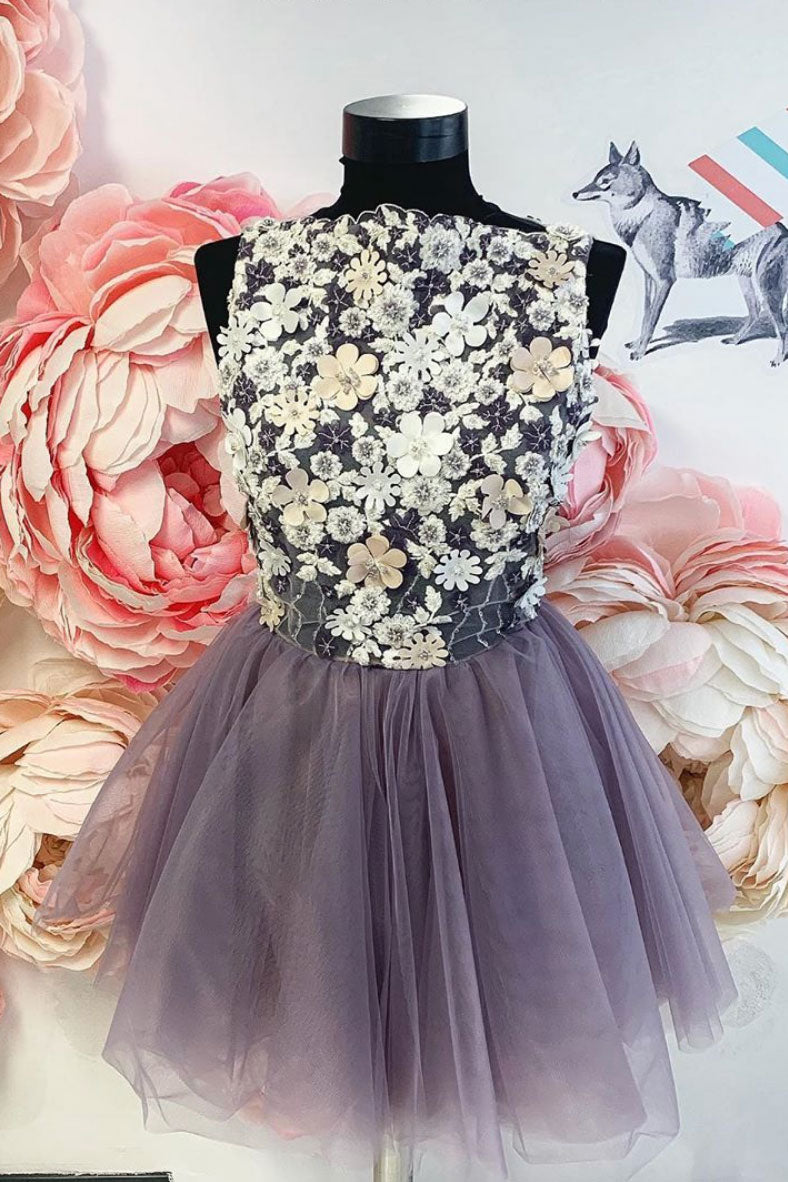 Cute tulle lace short prom dress, tulle lace homecoming dress