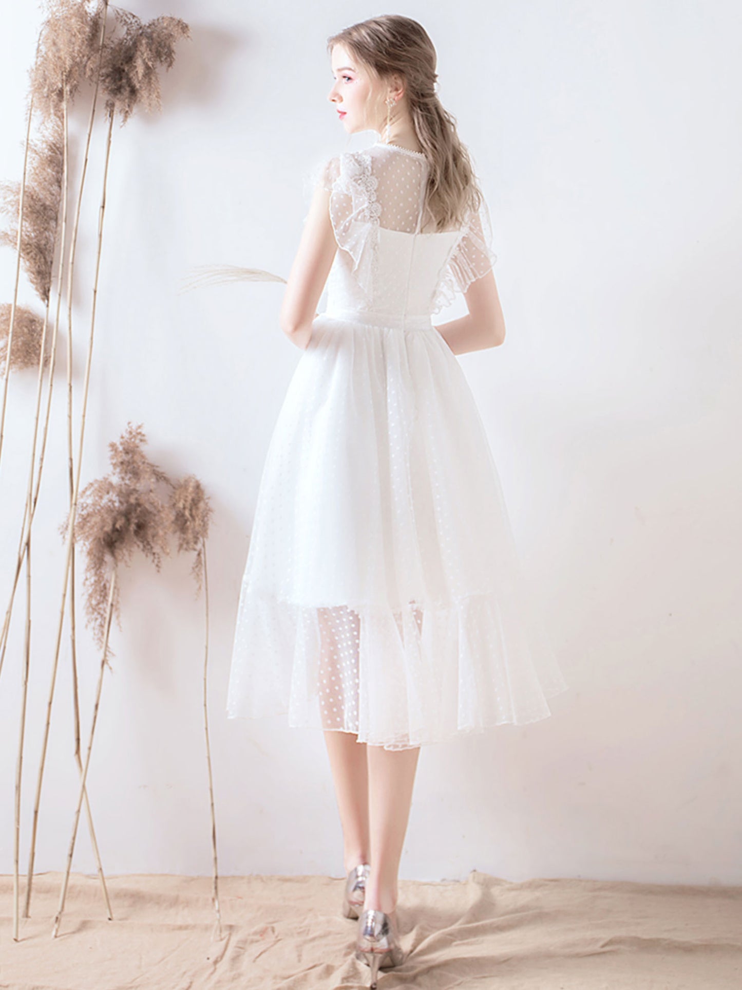White round neck tulle lace short prom dress, lace bridesmaid dress