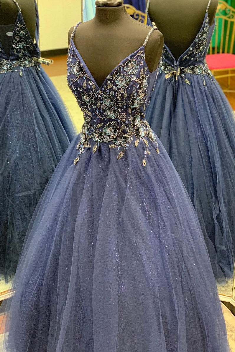 Unique v neck tulle lace long prom dress, tulle evnening dress