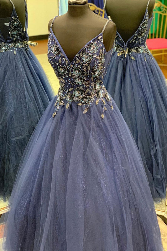 Unique v neck tulle lace long prom dress, tulle evnening dress