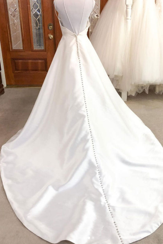 Simple white satin long prom dress, white evening dress