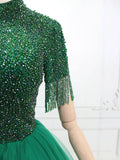 A-Line Tulle Beads Green Long Prom Dress, Green Long Evening Dress