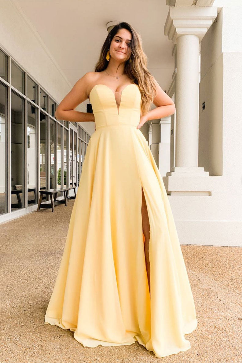 Simple yellow satin long prom dress yellow formal dress