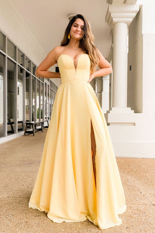 Simple yellow satin long prom dress yellow formal dress