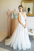 White v neck tulle lace long prom dress, white tulle evening dress