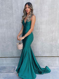 Simple stain v neck mermaid green long prom dress, green evening dress