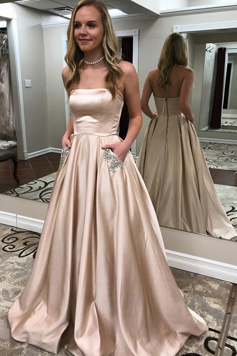 Champagne satin long prom dress, champagne evening dress