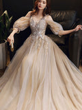 Champagne v neck tulle long prom dress, champagne evening dress