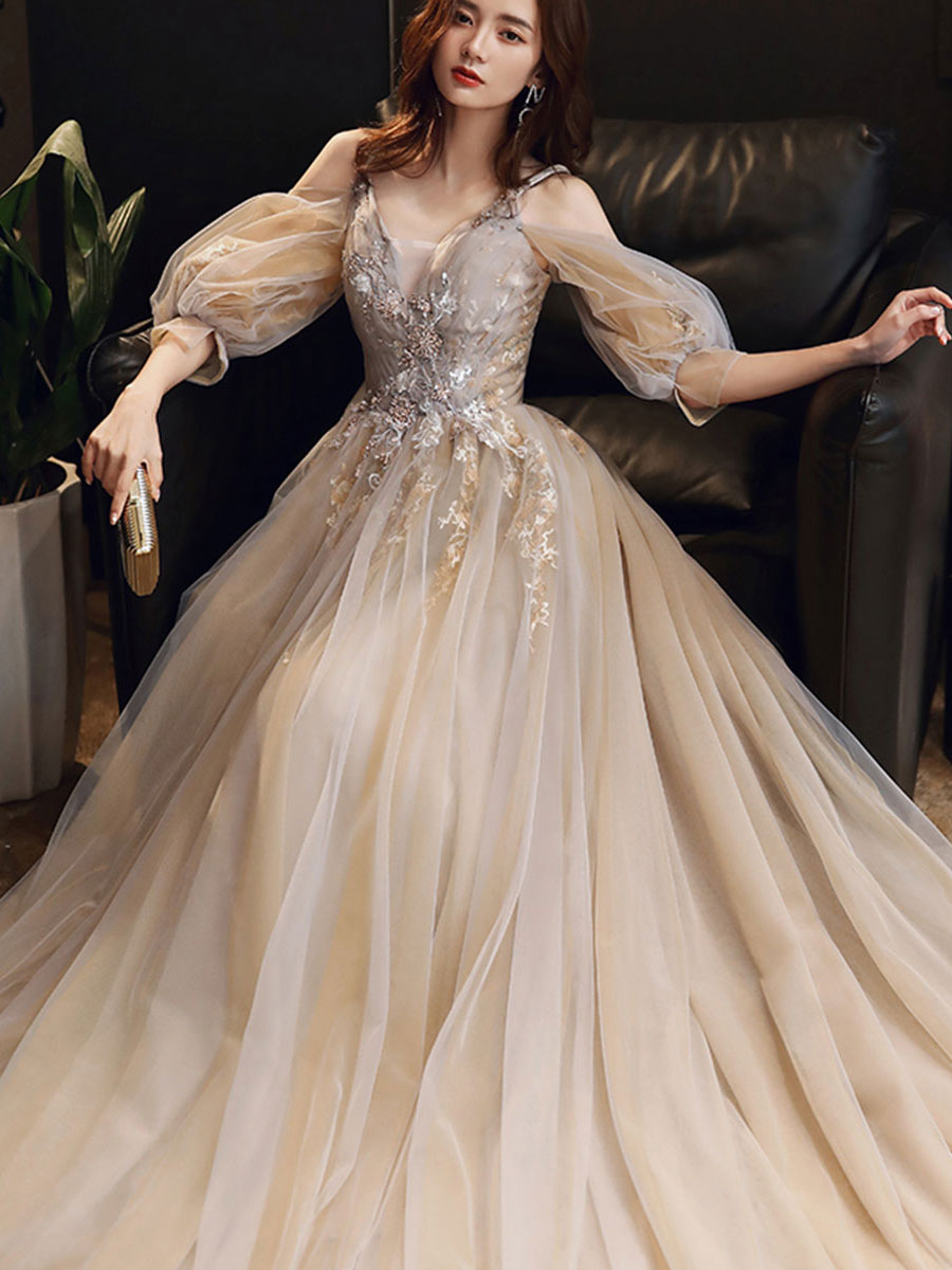 Champagne v neck tulle long prom dress, champagne evening dress