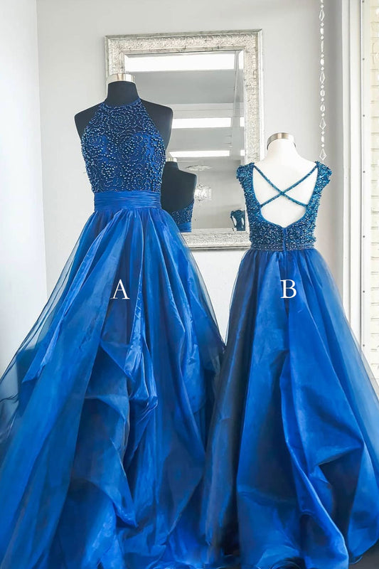 Blue high neck tulle beads long prom dress, blue evening dress