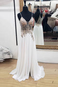 White sweetheart chiffon lace long prom dress, white evening dress
