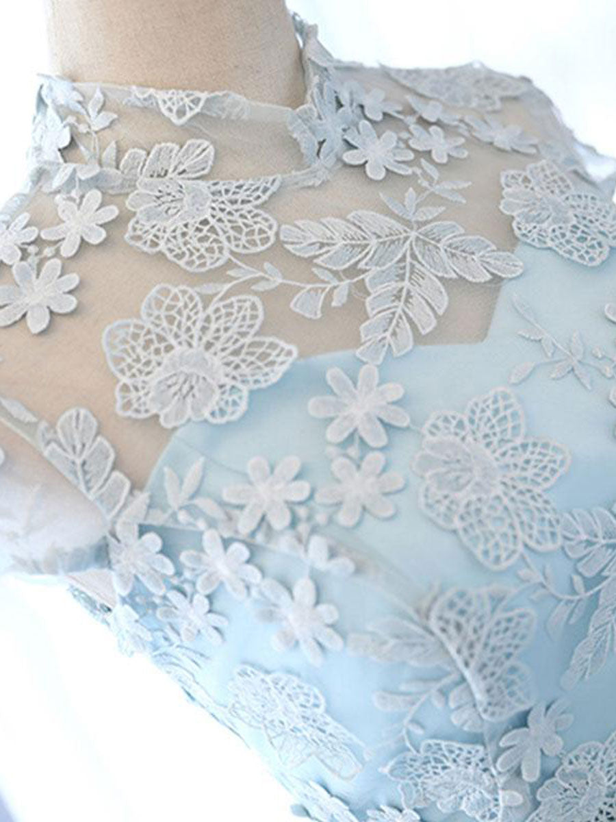 Blue high neck tulle lace short prom dress blue cocktail dress