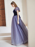 Simple purple tulle long prom dress, purple tulle evening dress