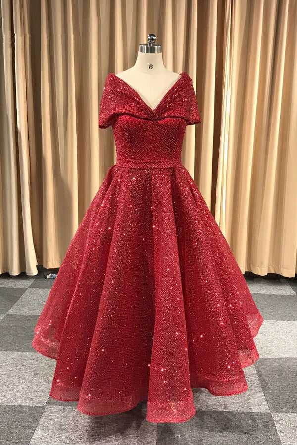 Unique v neck burgundy tea length prom dress, burgundy evening dress