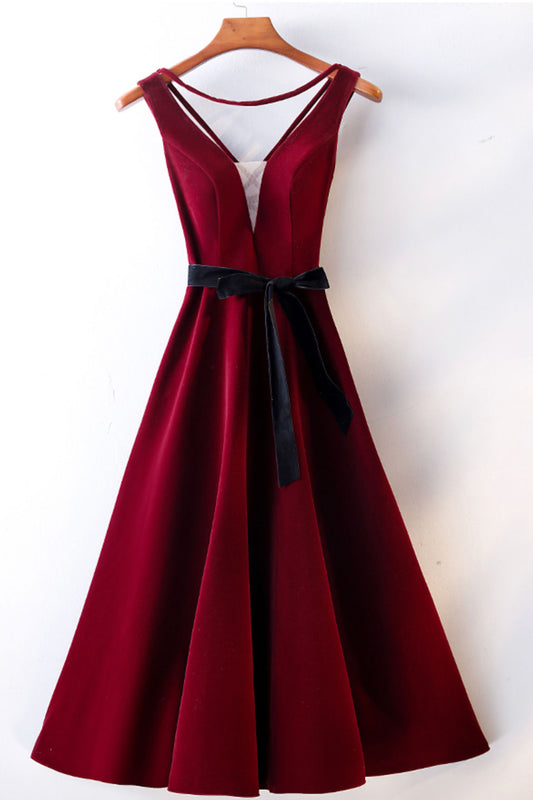 Burgundy v neck short prom dress, burgundy bridesmaid dress