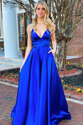 Simple v neck blue satin long prom dress blue formal dress