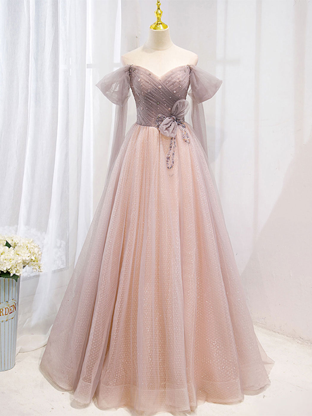 Pink tulle off shoulder long prom dress, pink tulle formal dress
