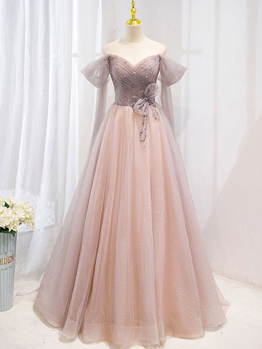 Pink tulle off shoulder long prom dress, pink tulle formal dress