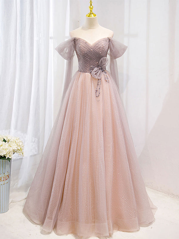 Pink tulle off shoulder long prom dress, pink tulle formal dress
