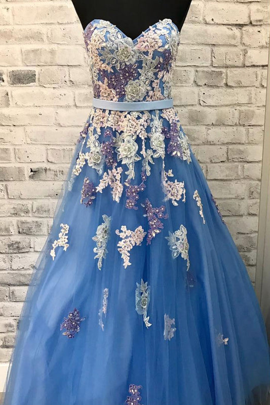 Blue sweetheart neck tulle lace long prom dress, blue evening dress