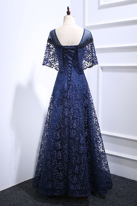 Dark blue tulle lace long prom dress, blue tulle evening dress